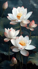 Serene white lotus flowers blooming in a tranquil pond surrounded by lush green leaves