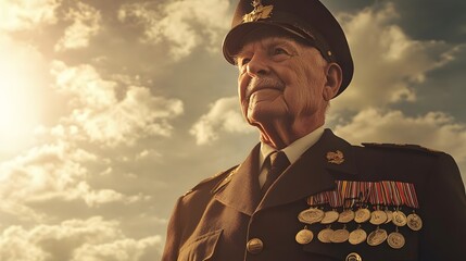 Elderly military veteran stands proudly against a cloudy sky