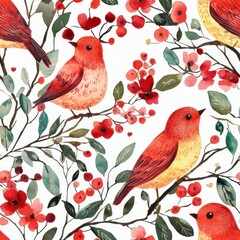 Watercolor Bird Pattern: A delicate and charming watercolor pattern featuring vibrant red birds perched on branches adorned with blooming red berries and lush green foliage.