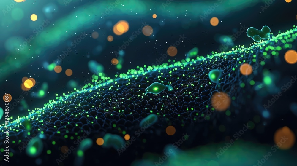 Poster marine food chain microscopic concept. abstract representation of microscopic organisms with glowing