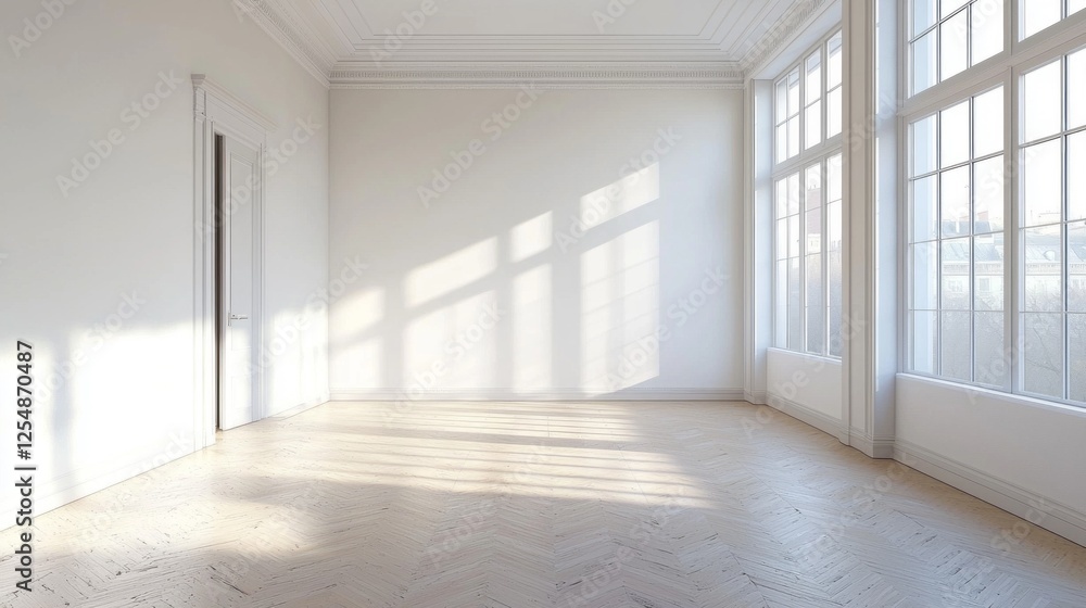 Poster a serene, empty room features large windows allowing warm sunlight to pour in, creating a calm atmos