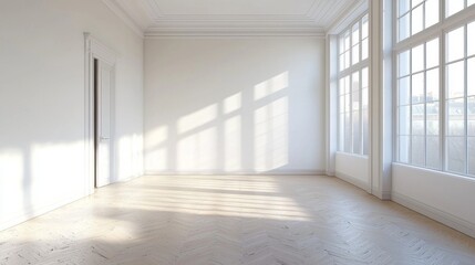 Obraz premium A serene, empty room features large windows allowing warm sunlight to pour in, creating a calm atmosphere. The wooden floor enhances the room's minimalist design
