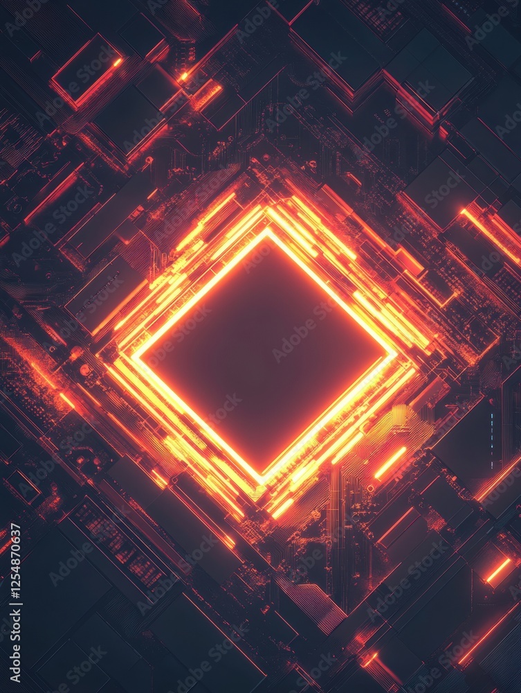 Poster Microchip design illuminated by glowing circuits showcasing intricate technology and modern innovation. Generative AI