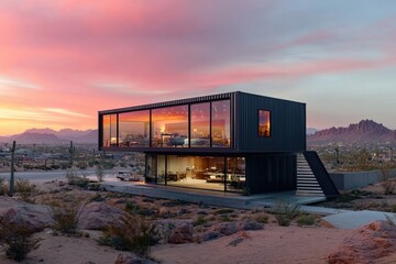 Fototapeta premium Modern desert home with stunning sunset view over mountains and cactus landscape