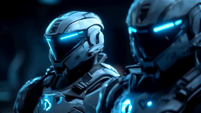 Three people in blue and white space suits are standing together. The suits are illuminated with blue lights