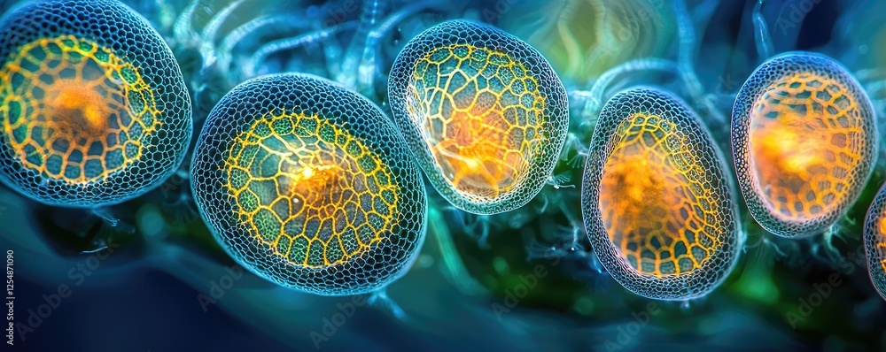 Aufkleber ocean health microscopic concept. close-up view of vibrant diatom structures exhibiting intricate pa