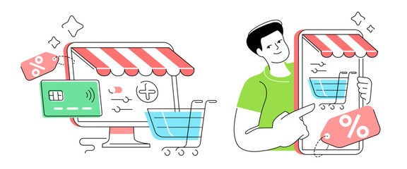 Online shopping using internet. Digital retail, web commerce concept