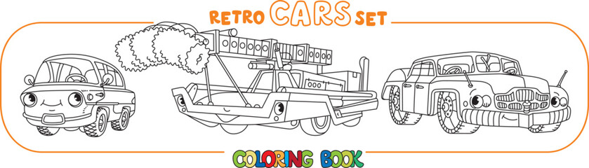 Fototapeta premium Funny retro cars with eyes coloring book set