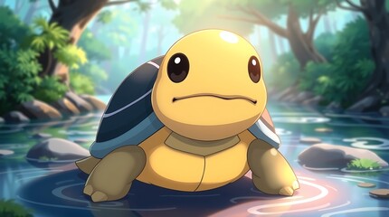 Naklejka premium Adorable Cartoon Turtle in a Forest River