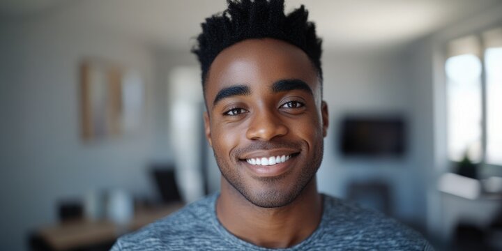 The image features a young adult male with a bright smile, appearing approachable and content. He has short hair and is wearing a casual t-shirt. The background shows a modern interior with sleek