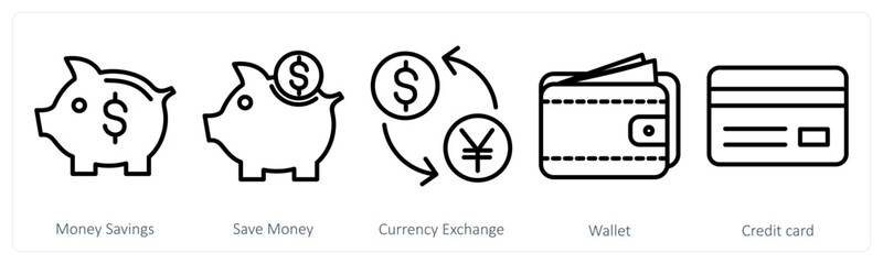 A set of 5 business icons as money savings, save money, currency exchange
