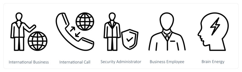 A set of 5 business icons as international business, international call, security administrator
