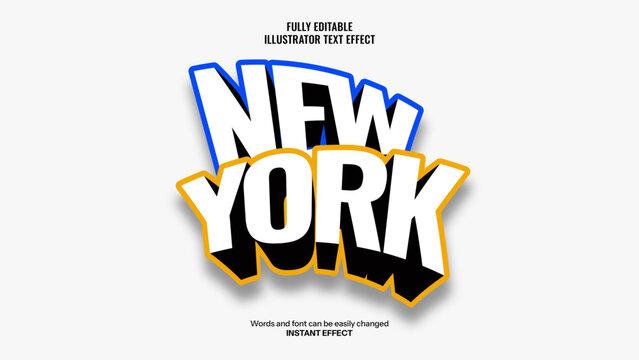 Editable New York 3D Text Effect with Bold Typography and Vibrant Blue & Yellow Outline on White Background.
