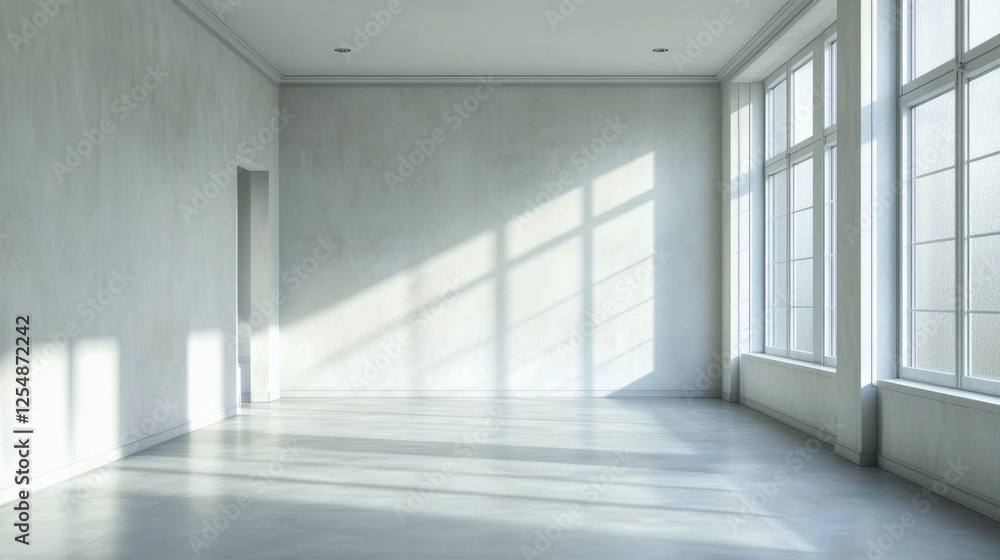 Poster bright sunlight pours into a spacious room with concrete flooring and large windows, creating a sere