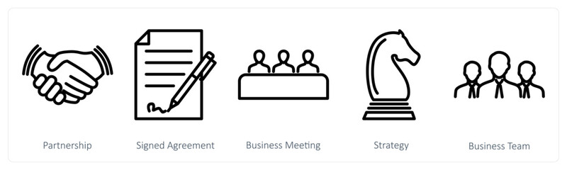 A set of 5 business icons as partnership, signed agreement, business meeting