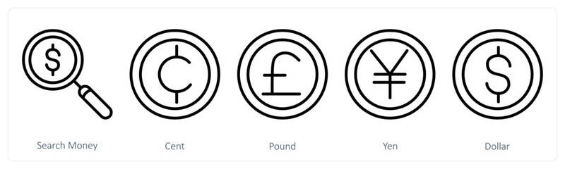 A set of 5 business icons as search money, cent, pound
