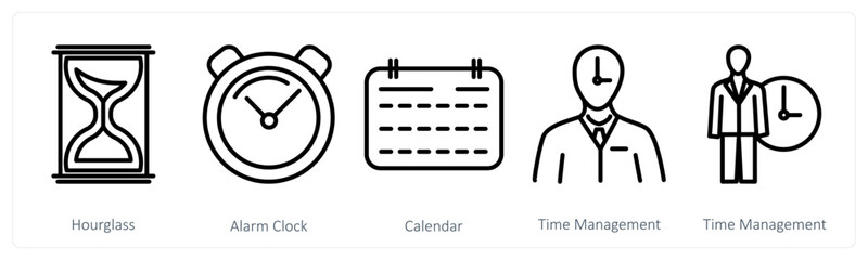 A set of 5 business icons as hourglass, alarm clock, calendar