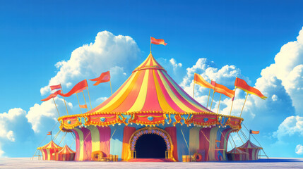 vibrant circus tent stands tall against bright blue sky, symbolizing joy and spectacle. Its colorful stripes and flags create festive atmosphere, inviting excitement and wonder