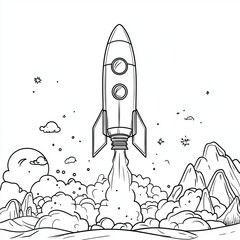 Simple Rocket Ship Blast Off Coloring Book Page for Kids