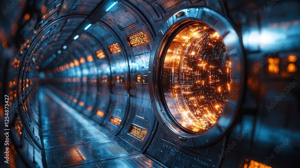 Poster surreal hacker breaching glowing digital vault with encrypted data shattering
