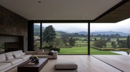 Fototapeta premium Modern minimalist living room with large glass windows overlooking a lush green valley and misty mountains.
