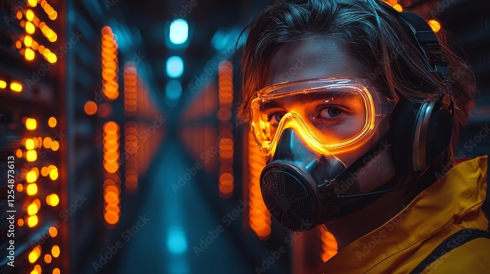 Poster futuristic hacker in neon lit tech workspace concept