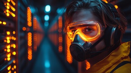 Futuristic Hacker in Neon Lit Tech Workspace Concept