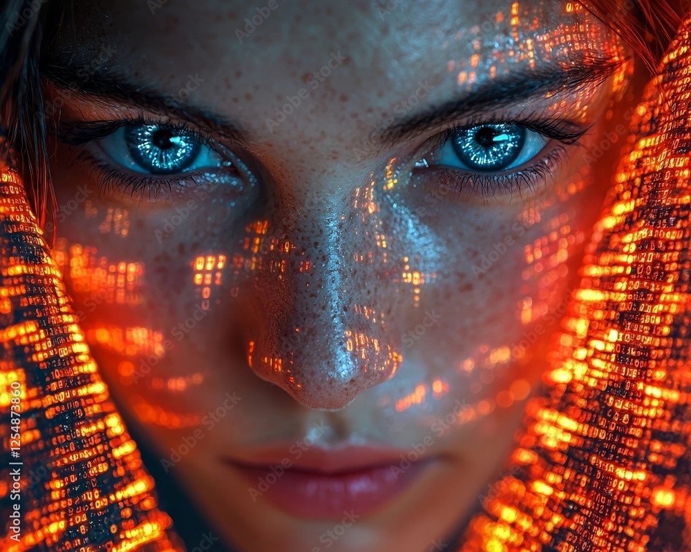 Poster hacker s intense gaze reflected in a holographic interface of cascading data