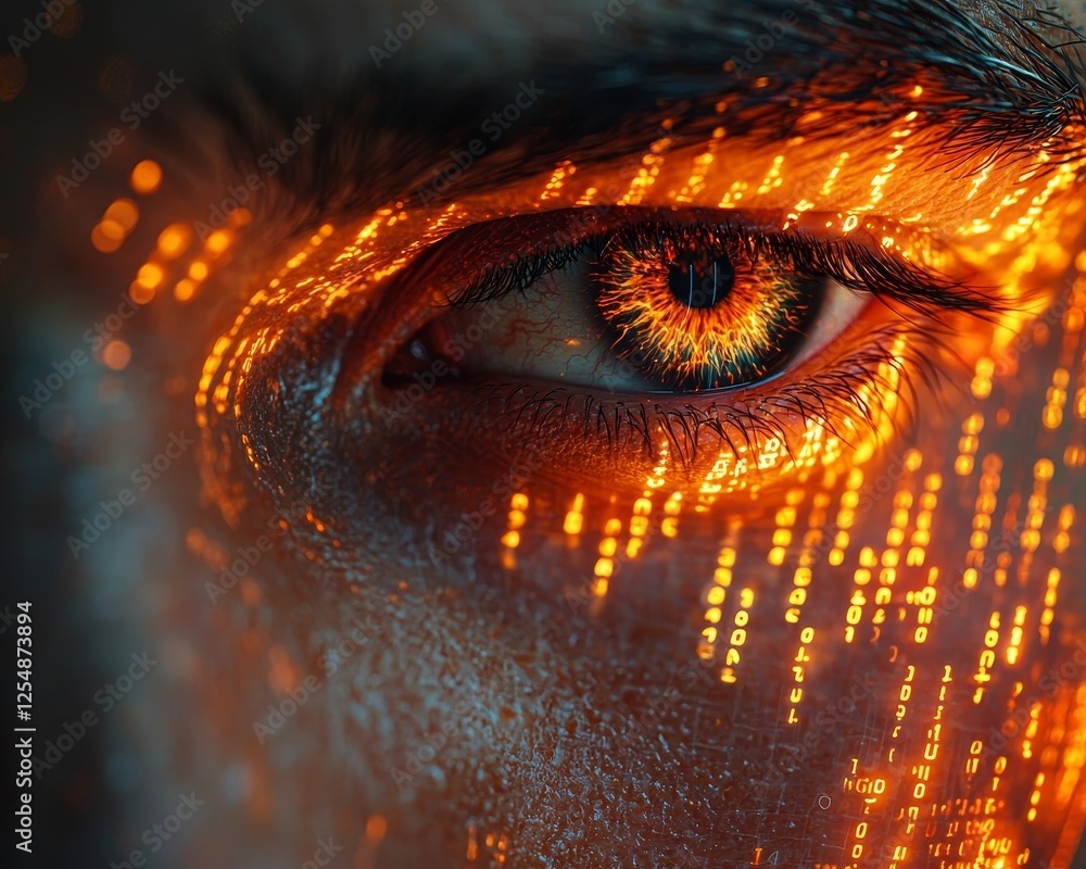Poster hacker s intense gaze reflected in holographic data streams futuristic concept