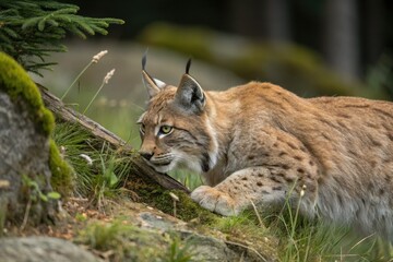 Fototapeta premium Capture the elusive Eurasian lynx: stunning wildlife photography showcasing its majestic presence in the wild.