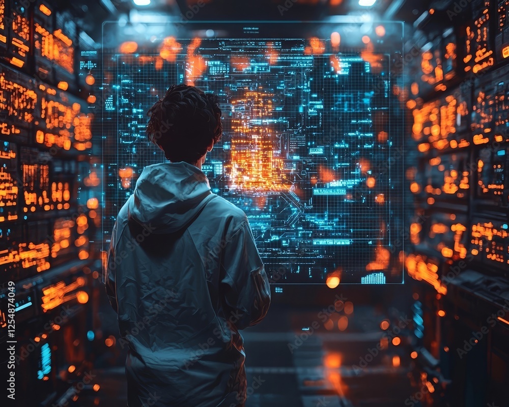 Poster hacker working in futuristic basement with glowing digital blueprints projected on walls