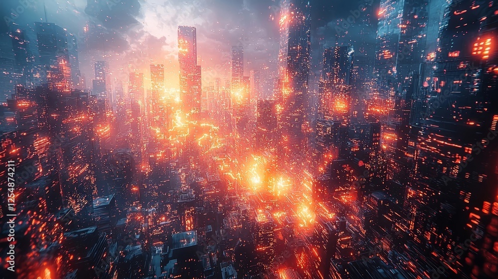 Poster cyber hacker battles glowing security bots in surreal digital arena
