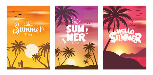 Strandtuch mit Foto Summer time background clipart poster set. Hello summer text in sunrise and sunset silhouette background clip art collection for holiday season flyers and advertisement template vector illustration.
