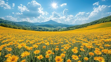 Vibrant yellow flower field under a bright blue sky with mountains in the background