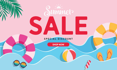 Summer sale background clipart poster design. Summer sale text clip art in paper cut sea wave with tropical elements for holiday season special discount promo pink background vector illustration.

