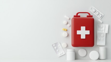 Obraz premium Red first-aid kit with various medical supplies on a white background, symbolizing emergency and healthcare essentials.