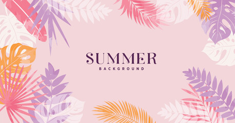 Summer background clipart banner design. Colorful summer leaves background with abstract tropical leaf clip art for holiday season flyer and brochure template vector illustration.
