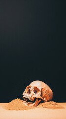 A human skull partially buried in sand against a dark background, evoking themes of mortality and history