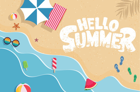 Hello summer border clipart poster design. Summer greeting text in curve paper waves cut style clip art in top view beach background vector illustration.

