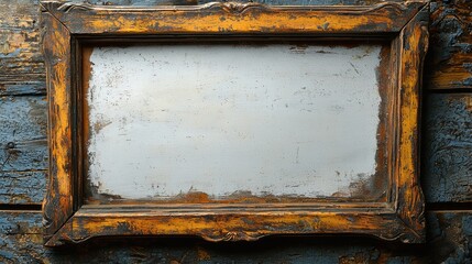 Vintage wooden frame with peeling paint on a rustic blue wooden background