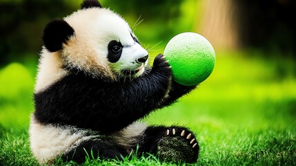 Fototapeta premium Adorable panda cub playing with a ball on a clean green background. Isolated, high-quality image perfect for wildlife, pet, or nature projects. Cute and playful