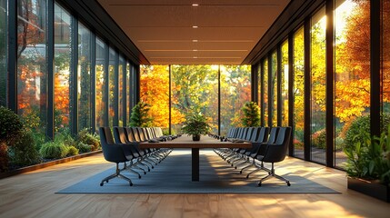 Modern conference room with large table and chairs, surrounded by vibrant autumn foliage outside