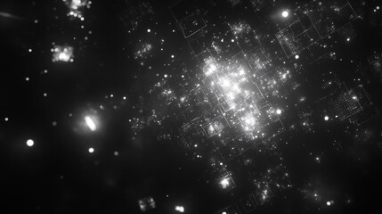 Obraz premium Abstract Grid of Glowing Points in Dark Space with Blurred Circles of Light in the Distance