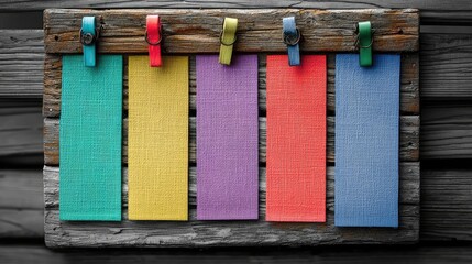 Colorful fabric swatches hanging on a rustic wooden board against a dark textured background