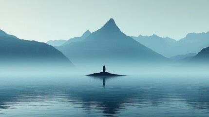 Serene mountain landscape at dawn with misty waters reflecting peaks and a solitary rock formation