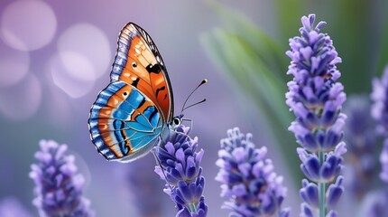 Obraz premium A vibrant multicolored butterfly delicately perched on a lavender flower, showcasing intricate wing patterns with a soft-focus purple background, symbolizing beauty and nature