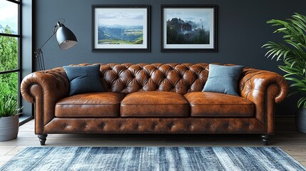 Elegant leather sofa in a modern living room with scenic artwork and natural light