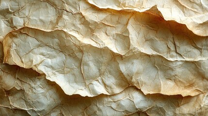 Close-up of textured, crumpled paper showcasing intricate folds and natural lighting effects