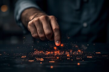 Hand Touching Digital Interface with Glowing Data Points and Connections in Futuristic Concept