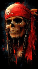 A detailed portrait of a pirate skull adorned with a red bandana and beads, set against a dark background